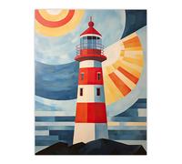 Wall Art Print Abstract Geometric Lighthouse Oil Painting Red Orange Blue Colour Gradient Sun Rays Reflecting on Lens Poster Artery8 Blue W24 inch x H32 inch