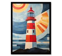Wall Art Print Abstract Geometric Lighthouse Oil Painting Red Orange Blue Colour Gradient Sun Rays Reflecting on Lens Artwork Framed Artery8 Blue A4