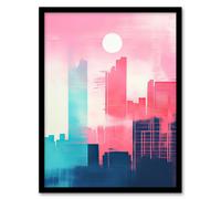 Artery8 Abstract Geometric Metropolis Cityscape Coral Pink Turquoise Blue Pastel Colour Artwork Artwork Framed Wall Art Print A4
