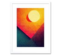 Artery8 Wall Art Print Abstract Geometric Retro Eclipse Moon Sun Yellow Pink Teal Colourful Sunset Artwork Framed 9X7 Inch in White | Size: W7" x H9" Artery8 White W7" x H9"