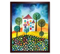 Artery8 Wall Art Print Abstract House & Garden Folk Art Framed in Brown | Size: W12" x H16" Artery8 Brown W12" x H16"