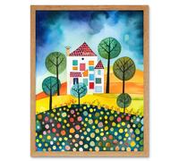 Artery8 Wall Art Print Abstract House & Garden Folk Art Framed in Light Oak | Size: W12" x H16" Artery8 Light Oak W12" x H16"