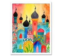 Artery8 Wall Art Print Abstract Islamic Cityscape Folk Art Framed in White | Size: W12" x H16" Artery8 White W12" x H16"