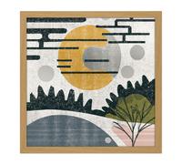 Artery8 Wall Art Print Abstract Landscape Grunge Boho Sunrise Vintage Square Framed Picture 16X16 Inch in Light Oak | Size: W16" x H16" Artery8 Light Oak W16" x H16"