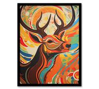 Wall Art Print Abstract Majestic Stag Autumn Hues Sunrise Reindeer Head Portrait Vibrant Bold Bright Colourful Painting Art Framed Artery8 Multi A4