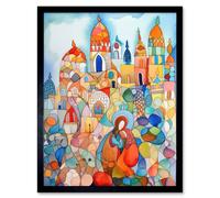 Artery8 Wall Art Print Abstract Moroccan Cityscape Folk Art Framed in Black | Size: W12" x H16" Artery8 Black W12" x H16"
