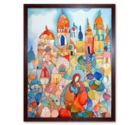 Artery8 Wall Art Print Abstract Moroccan Cityscape Folk Art Framed in Brown | Size: W12" x H16" Artery8 Brown W12" x H16"