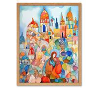 Artery8 Wall Art Print Abstract Moroccan Cityscape Folk Art Framed in Light Oak | Size: W12" x H16" Artery8 Light Oak W12" x H16"