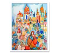 Artery8 Wall Art Print Abstract Moroccan Cityscape Folk Art Framed in White | Size: W12" x H16" Artery8 White W12" x H16"