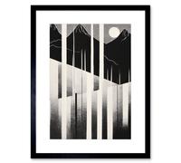 Artery8 Wall Art Print Abstract Mountain Landscape Lake Sunrise Linocut Artwork Framed 9X7 Inch in Black | Size: W7" x H9" Artery8 Black W7" x H9"