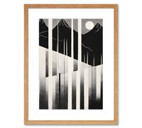 Artery8 Wall Art Print Abstract Mountain Landscape Lake Sunrise Linocut Artwork Framed 9X7 Inch in Beige | Size: W7" x H9" Artery8 Beige W7" x H9"
