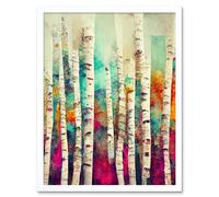 Artery8 Wall Art Print Abstract Multi Coloured Birch Tree Forest Vibrant Colourful Oil Painting Art Framed in White | Size: W12" x H16" Artery8 White W12" x H16"