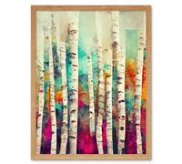 Artery8 Wall Art Print Abstract Multi Coloured Birch Tree Forest Vibrant Colourful Oil Painting Art Framed in Light Oak | Size: W12" x H16" Artery8 Light Oak W12" x H16"