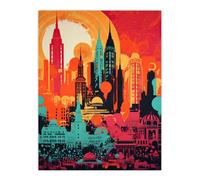 Artery8 Wall Art Print Abstract New York City Cityscape Artwork Sunrise Red Yellow Turquoise Vibrant Bold Bright Colourful Painting Poster Artery8 Multicolor W12" x H16"