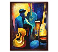 Artery8 Wall Art Print Abstract Oil Painting Jazz Blues Musician With Instruments Art Framed in Brown | Size: W12" x H16" Artery8 Brown W12" x H16"