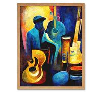 Artery8 Wall Art Print Abstract Oil Painting Jazz Blues Musician With Instruments Art Framed in Light Oak | Size: W12" x H16" Artery8 Light Oak W12" x H16"