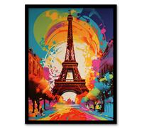 Wall Art Print Abstract Paris Eiffel Tower Sunrise Colour Explosion France Monument Vibrant Bold Bright Colourful Painting Art Framed Artery8 Multi A4