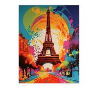 Artery8 Wall Art Print Abstract Paris Eiffel Tower Sunrise Colour Explosion France Monument Vibrant Bold Bright Colourful Painting Poster Artery8 Multicolor W12" x H16"
