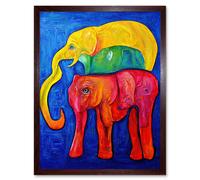 Artery8 Wall Art Print Abstract Pop Art Surrealism Elephants Colourful Oil Art Framed in Brown | Size: W12" x H16" Artery8 Brown W12" x H16"