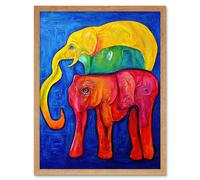 Artery8 Wall Art Print Abstract Pop Art Surrealism Elephants Colourful Oil Art Framed in Light Oak | Size: W12" x H16" Artery8 Light Oak W12" x H16"