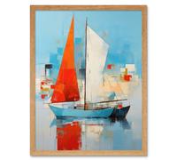 Artery8 Wall Art Print Abstract Sailing Boats Ships Oil Painting Palette Knife Bathroom Artwork Vibrant Orange Blue Harbor Seascape Art Framed Artery8 Light Oak W12" x H16"
