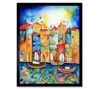 Artery8 Framed Wall Art Abstract Sailing Seafront Folk - 12X16 Inch
