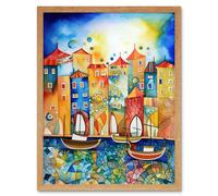 Artery8 Wall Art Print Abstract Sailing Seafront Folk Art Framed in Light Oak | Size: W12" x H16" Artery8 Light Oak W12" x H16"