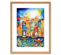 Artery8 Wall Art Print Abstract Sailing Seafront Folk Artwork Framed 9X7 Inch in Beige | Size: W7" x H9" Artery8 Beige W7" x H9"