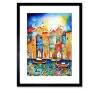Artery8 Wall Art Print Abstract Sailing Seafront Folk Artwork Framed 9X7 Inch in Black | Size: W7" x H9" Artery8 Black W7" x H9"