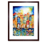 Artery8 Wall Art Print Abstract Sailing Seafront Folk Artwork Framed 9X7 Inch in Brown | Size: W7" x H9" Artery8 Brown W7" x H9"