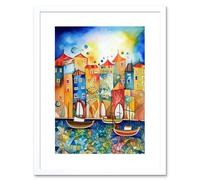 Artery8 Wall Art Print Abstract Sailing Seafront Folk Artwork Framed 9X7 Inch in White | Size: W7" x H9" Artery8 White W7" x H9"