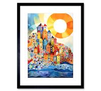 Artery8 Wall Art Print Abstract Seascape Sunrise Village Folk Artwork Framed 9X7 Inch in Black | Size: W7" x H9" Artery8 Black W7" x H9"