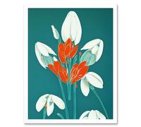 Artery8 Wall Art Print Abstract Snowdrops Red Flowers on Teal Retro Mid Century Style Art Framed in White | Size: W12" x H16" Artery8 White W12" x H16"
