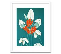 Artery8 Wall Art Print Abstract Snowdrops Red Flowers on Teal Retro Mid Century Style Artwork Framed 9X7 Inch in White | Size: W7" x H9" Artery8 White W7" x H9"