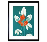 Artery8 Wall Art Print Abstract Snowdrops Red Flowers On Teal Retro Mid Century Style Artwork Framed 9X7 Inch