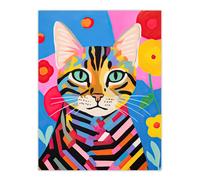 Artery8 Wall Art Print Abstract Stripey Cat Vibrant Oil Painting Bright Floral Pet Portrait Kids Bedroom Poster | Size: W12" x H16" Artery8 Multicolor W12" x H16"