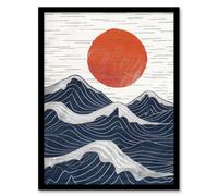 Artery8 Wall Art Print Abstract Sunset Seascape Waves Sun Painting Art Framed Poster in Black | Size: A4 Artery8 Black A4