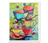 Artery8 Wall Art Print Abstract Tea Cups Folk Art Kitchen Art Framed in White | Size: W12" x H16" Artery8 White W12" x H16"