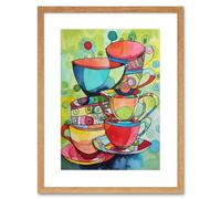 Artery8 Wall Art Print Abstract Tea Cups Folk Art Kitchen Artwork Framed 9X7 Inch in Beige | Size: W7" x H9" Artery8 Beige W7" x H9"