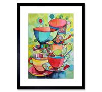 Artery8 Wall Art Print Abstract Tea Cups Folk Art Kitchen Artwork Framed 9X7 Inch in Black | Size: W7" x H9" Artery8 Black W7" x H9"