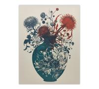 Wall Art Print Abstract Thistle Flowers Artistic Linocut Painting Teal Blue Red Scottish Bouquet Nature Colourful Bright Floral Modern Artwork Poster Artery8 Multi W18 inch x H24 inch