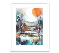 Artery8 Wall Art Print Abstract Winter Landscape Watercolour Painting Boho Countryside Sunrise Snow Artwork Framed 9X7 Inch in White | Size: W7" x H9" Artery8 White W7" x H9"