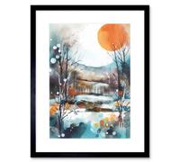 Artery8 Wall Art Print Abstract Winter Landscape Watercolour Painting Boho Countryside Sunrise Snow Artwork Framed 9X7 Inch