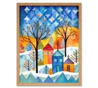 Artery8 Wall Art Print Abstract Winter Snowfall Folk Art Framed in Light Oak | Size: W12" x H16" Artery8 Light Oak W12" x H16"
