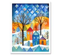Artery8 Wall Art Print Abstract Winter Snowfall Folk Art Framed in White | Size: W12" x H16" Artery8 White W12" x H16"
