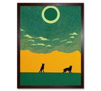 Artery8 Wall Art Print Abstract Wolves Minimalist Surreal Sky Green Yellow Art Framed in Brown | Size: W12" x H16" Artery8 Brown W12" x H16"