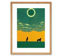 Artery8 Wall Art Print Abstract Wolves Minimalist Surreal Sky Green Yellow Artwork Framed 9X7 Inch in Beige | Size: W7" x H9" Artery8 Beige W7" x H9"