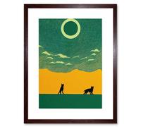 Artery8 Wall Art Print Abstract Wolves Minimalist Surreal Sky Green Yellow Artwork Framed 9X7 Inch in Brown | Size: W7" x H9" Artery8 Brown W7" x H9"