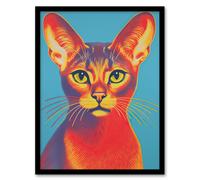 Artery8 Wall Art Print Abyssinian Cat Bold Vibrant Rich Red & Gold On Blue Screen Risograph Artwork Spot Block Colour Retro Riso Interior Design Art Artery8 Black W12" x H16"