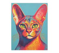 Artery8 Wall Art Print Abyssinian Cat Lino Reduction Red On Blue Bold Vibrant Screen Risograph Artwork Spot Block Colour Duotone Retro Riso Interior Artery8 Multicolor W12" x H16"
